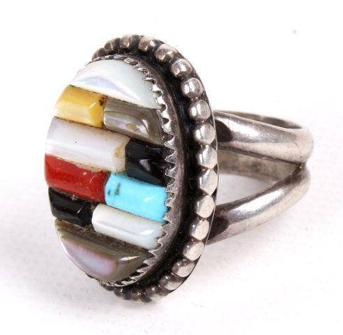 1950's Zuni Native American Silver & Inlayed Ring: This ring was hand made by the Zuni Native Americans and features a hand worked silver frame with a unique inlayed stone top. The top features square like inlayed stones of Moonstone, Turquoise, Black