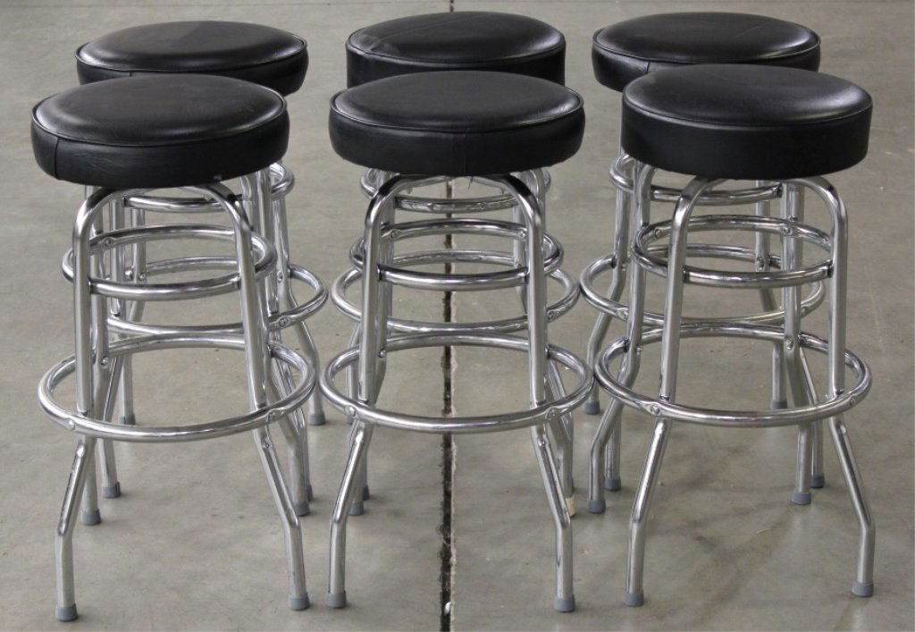 Chrome Bar Stools Set of 6: This lot features 6 bar stools with a black swivel top and chrome legs. These sell as a set for one money. Top of the seat measures 15" diameter, foot measures 16.75" diameter,and the chairs are each
