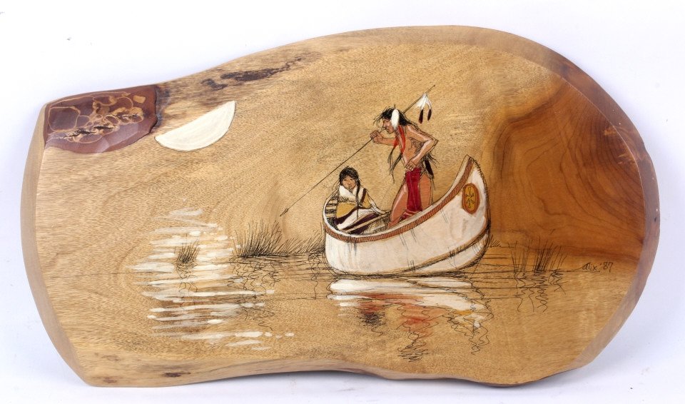 Native American Art on Myrtlewood by Alix '87: This is hand painted on Oregon Myrtlewood and shows a Native American spear fishing by the moonlight. This is signed, "Alix '87" and is in great condition. The wood measures 10"x17.75"