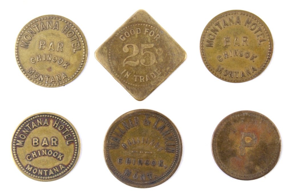 Antique Chinook Montana Trade Token Collection: This lot features 6 original trade tokens all from the Old West in Chinook, Montana. These rare pieces include: two Montana Hotel Bar Chinook Montana Good For 25 cents in Trade, Montana Hotel Bar Chin