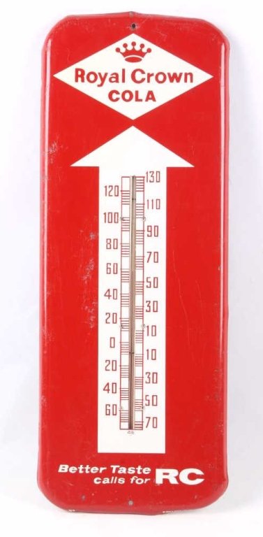 Royal Crown Cola Metal Thermometer: This is a 1950's original metal sign that reads, "Royal Crown Cola Better Taste calls for RC." The thermometer works and the metal sign was made by Donasco. This measures 26" long and 9 7/8" wide.
