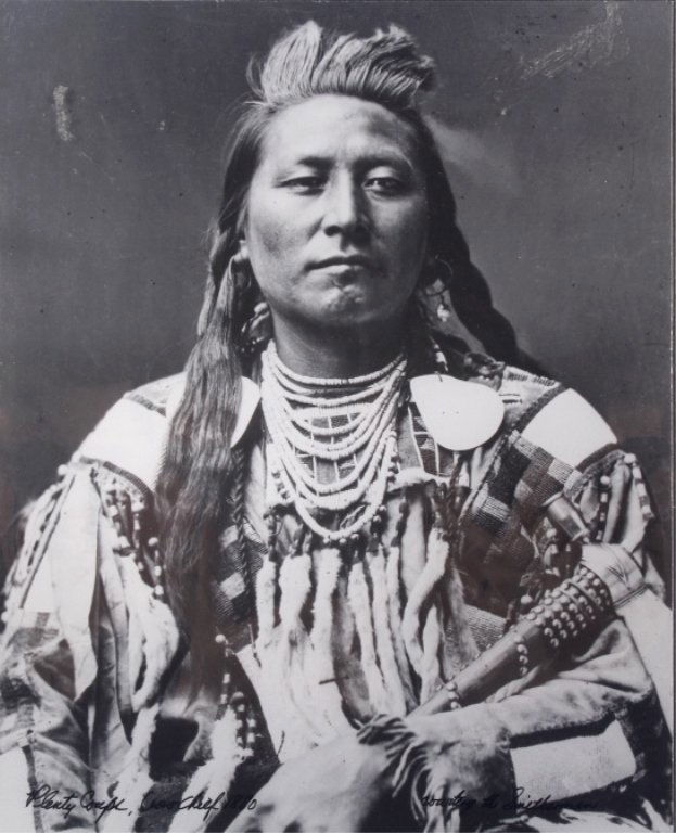 Plenty Coups, Crow Chief: This is a hand labeled print that was distributed from the Old West Gallery in Miles City, Montana and is of Plenty Coups, the crow Chief. This is in good condition and is a good quality print. Measur