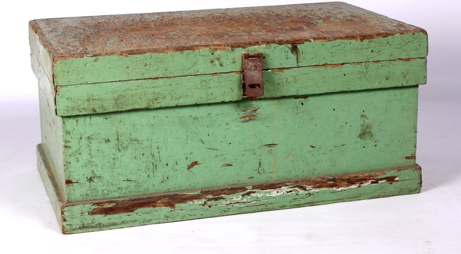 Primitive Wood Box: This is a solid wood box showing original primitive shabby chic pealing paint. This piece has a mint green coloring and measures 15" tall and 32"x19"