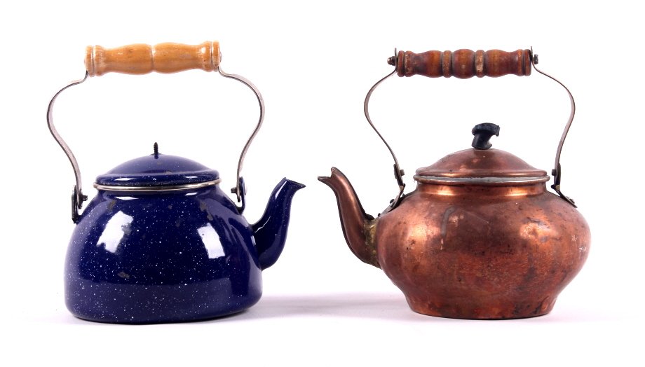 Antique Copper & Vintage Enamelware Kettles: The lot features two original antique kettles showing both a copper and blue enamelware finish. These both have wooden handles and original lids. The copper kettle measures 8.5" tall with the handle a