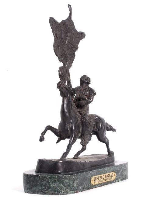 Buffalo Signal by Frederic Remington: This is a solid bronze sculpture that is made after the great Buffalo Signal sculpture by Frederic Remington. This has a marble base. Measures 12.5" tall and 3 7/8"x9""