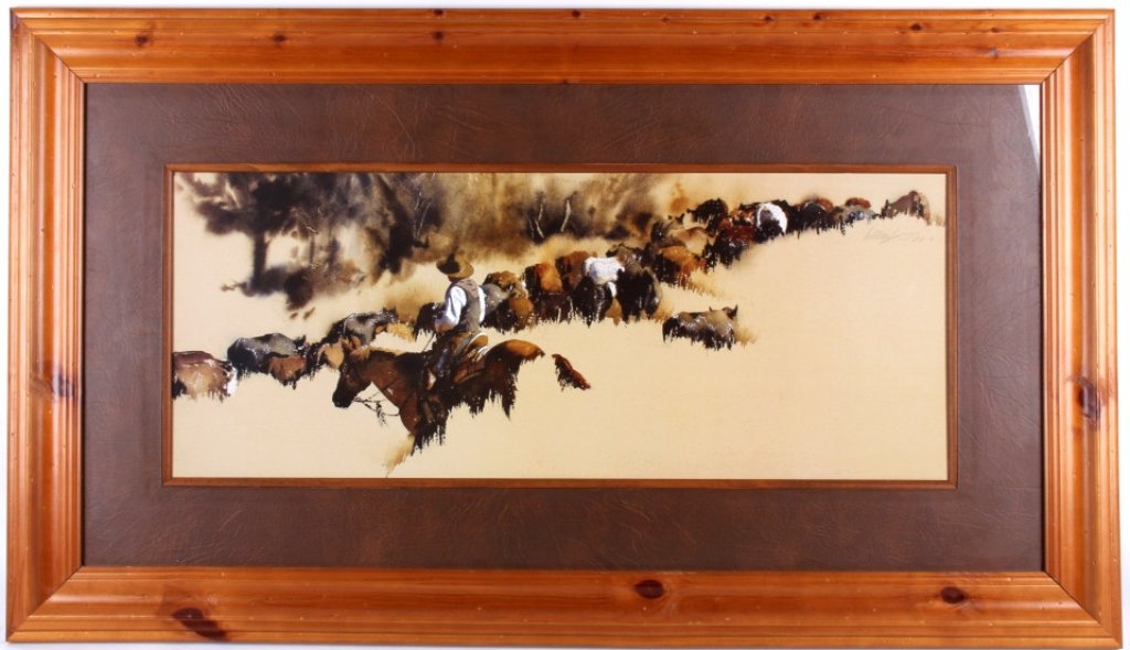 "Frenchman's Creek" by William Matthews LITHOGRAPH: Features an original LITHOGRAPH print by the very famous William Matthews. The piece features a print of the watercolor painting showing a Cowboy or Rancher looking over and leading his herd of cattle