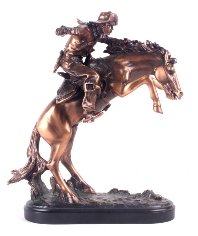 "Bronco Buster" Frederic Remington Sculpture: This lot features a unique Ferederic Remington sculpture composed of copper. It is well made, showing much of the same outstanding detail as the original. It measures 11" and is 13" tall.