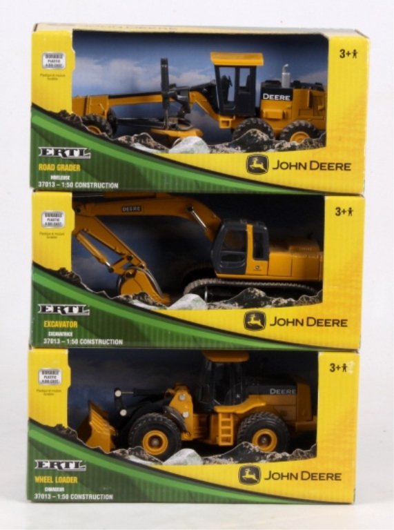 ERTL John Deere Die Cast Toy Collection: These include: Road Grader, Wheel Loader, and Excavator. These are all Ertl Die Cast & Durable Plastic toy. The toys are new in the box mint condition collectibles. Each box measures 4"t x 8.5"w x 3.5
