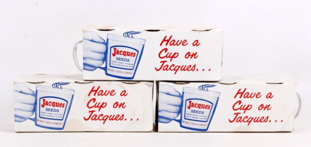 Jacques Hybrid Corn Advertising Mugs (9) This lot: This lot is a set of 9 Jacques hybrid corn seed advertising mugs. Each of these mugs are insulated for hot drinks. Mugs are in good condition and are all contained in original sale holders. One holder