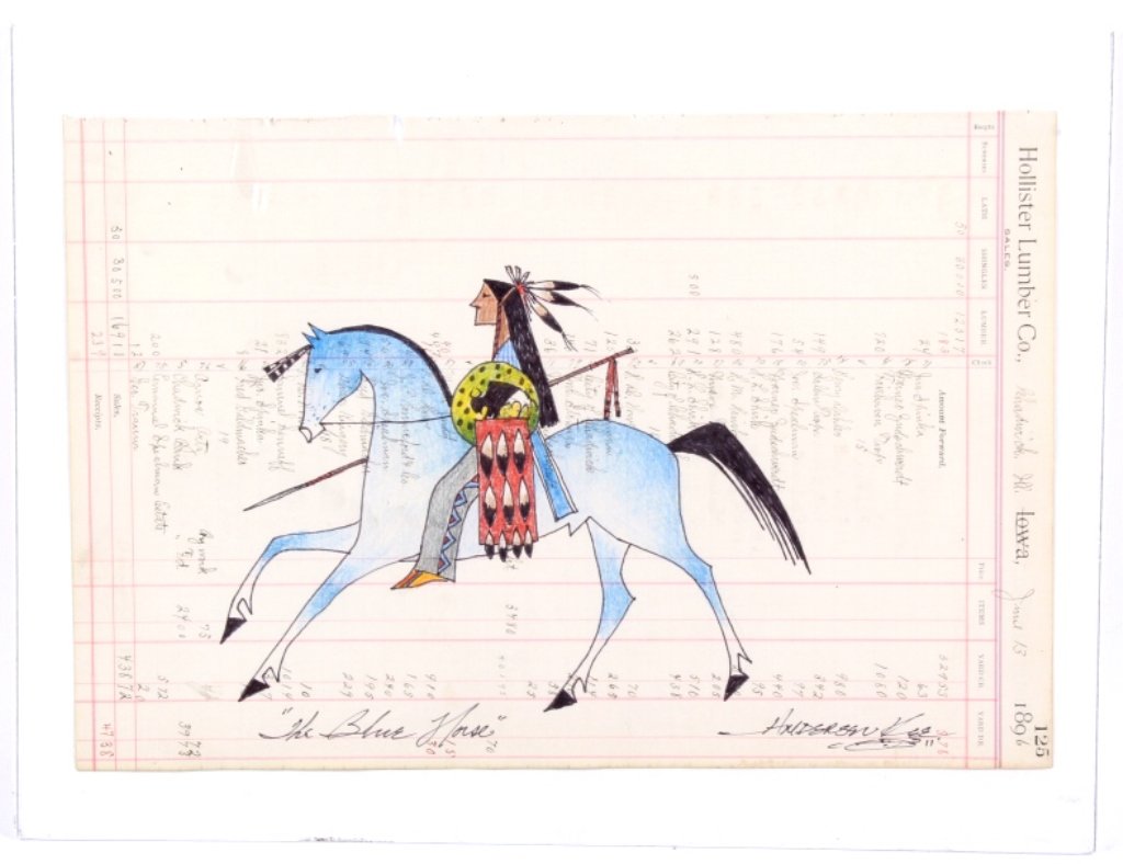 "The Blue Horse" Ledger Art By Anderson Kee: This lot is an original ledger art piece by Anderson Kee called The Blue Horse. This ledger art is a wonderful representation of early ledger art. Anderson Kee not only does traditional art work but h