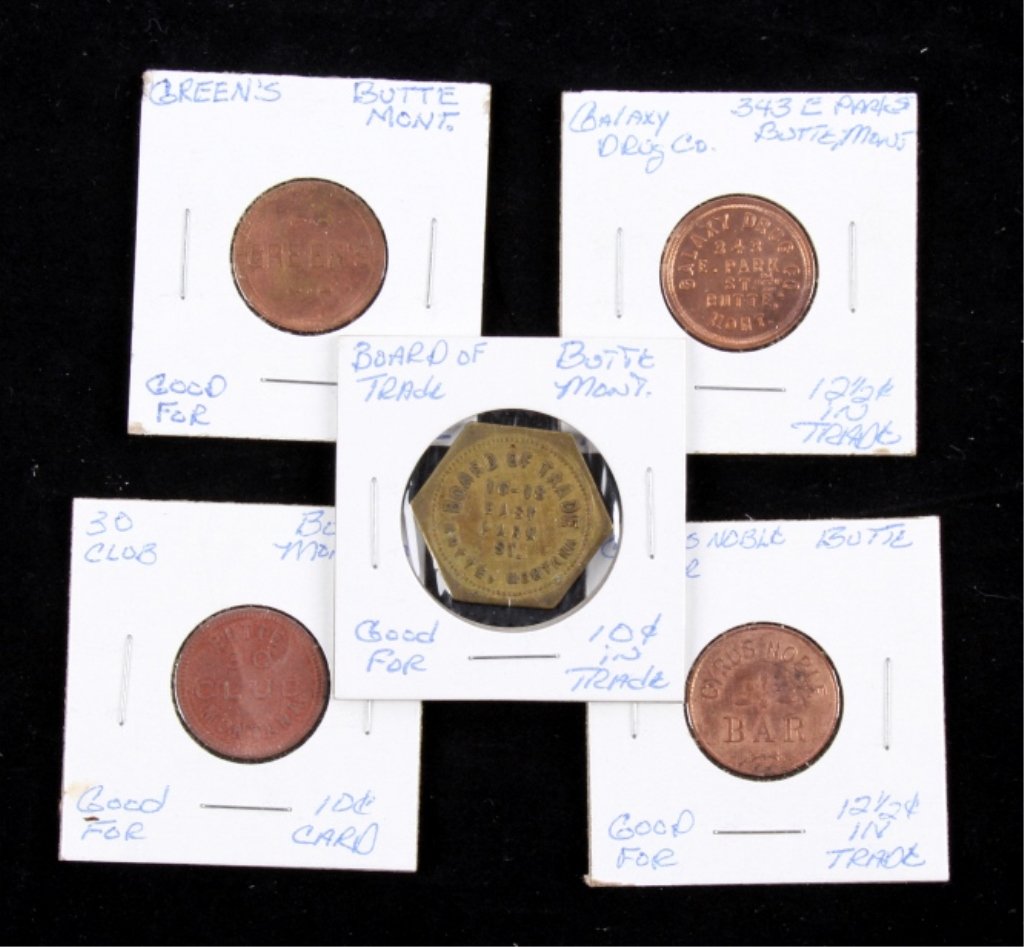 Rare Butte Montana Tokens Collection This lot feat: This lot features 5 original trade tokens all from the Old West Montana. These rare pieces include: Board of Trade Butte, Montana 16-1G8 East Park St. (Good for Ten Cents in trade), Butte, Montana 30