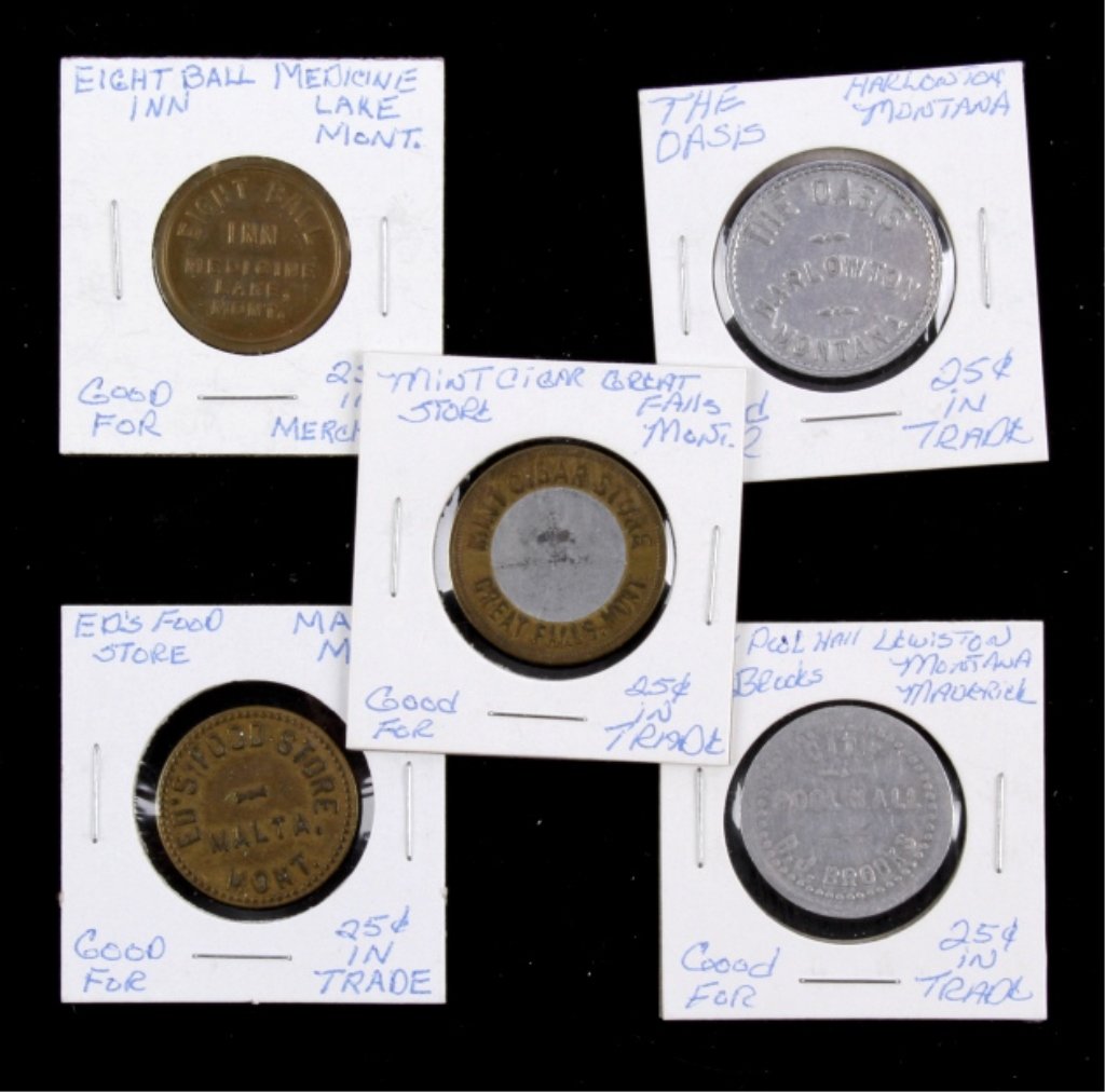 Rare Montana Trade Token Collection This lot featu: This lot features 5 original trade tokens all from the Old West Montana. These rare pieces include: Ed's Food Store Malta, Mont. (Good for 25 Cents in Trade), City Pool Hall R.J. Brooks (Good for 25 C