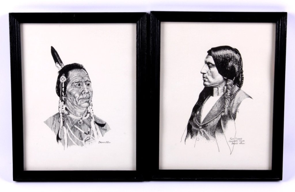 Native American Prints: This lot includes two Native American etchings by artist Bruce Hill. One is titled "Red Shirt Hunkpapa Sioux". The other is untitled. Both pieces are in excellent condition. They each measure 9.5" x 1