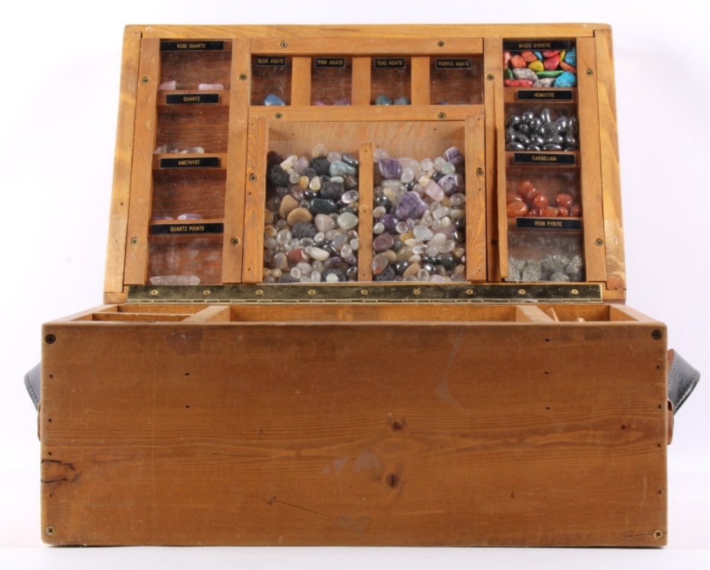 Treasure Chest of Polished Rock Collection: This is a wood treasure chest full of polished rocks. The rocks include: Rose Quarts, Amethyst, Hematite, Mixed Dyerite, Pink Agate, Teal Agate, Volcanic Rock, Quartz and more. This is the type of che