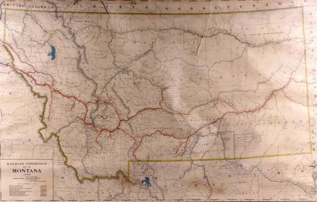 1908 Railroad Commission Map of Montana This is an: This is an original Rare 1908 Map of Montana Railroad Commission. Railroad Commission Map of Montana Copyright, 1908, by Rand, McNally & Co Engravers, Chicago. This is very rare Montana map is shrink 