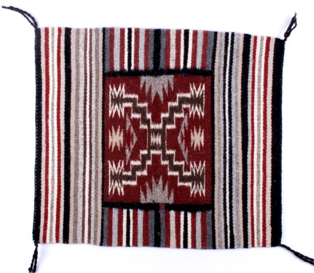 Navajo Storm Pattern Rug This is a Navajo Native A: This is a Navajo Native American hand dyed and knotted rug. The 100% wool rug features a distinct Storm pattern. A Storm pattern rug was first pictured in a color catalog produced and distributed in 1