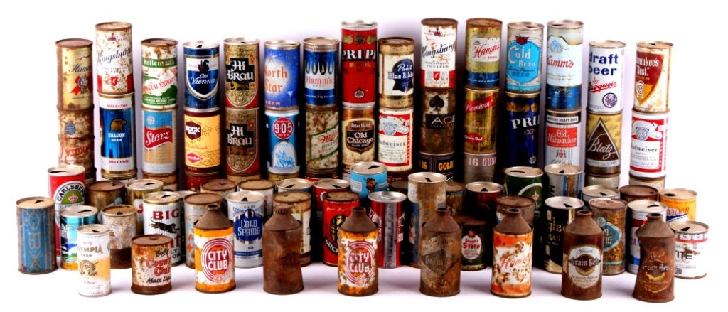 Beer Can Collection: This lot includes 87 beer cans. There are 7 cone top cans. The remainder are steel flat tops and pull tabs.