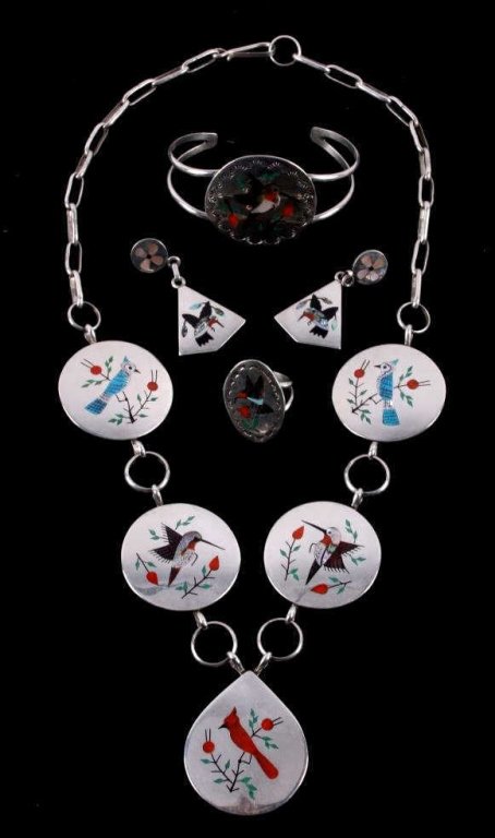 Zuni Inlaid Bird Sterling Set by Raymond Boyd: The set includes a necklace, bracelet, earrings, and ring by Zuni Native American Indian, Raymond Boyd. The set shows a signature on each piece in excellent condition with impressive detail in theinla