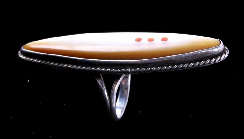 Navajo Abalone & Coral Silver Ring by Dee Morris: This is a handmade Navajo Native American Indian Sterling Silver ring by Dee Morris. The ring shows a long piece of Abalone with three smaller coral inlaid spots. The piece is signed across the bottom