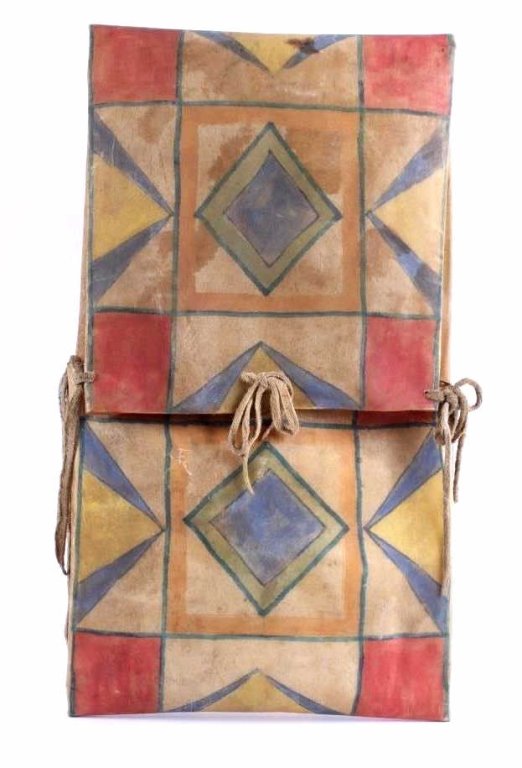 Sioux Parfleche Envelope This is an original handm: This is an original handmade parfleche round case made by the Sioux Native American Indians. The case shows hand painted mineral clay paint designs on a Buffalo Rawhide base. The bag shows great condi