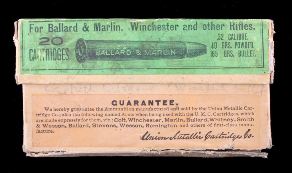 Union Metallic Cartridge .32-40 Ballard & Marlin T: This is an original The Union Metallic Cartridge Company (U.M.C.) box of 20 .32-40 caliber rounds. These are for a Ballard & Marlin, WInchester and other Rifles, .32 Calibre 40 Grs. Powder 15 Grs. Bul