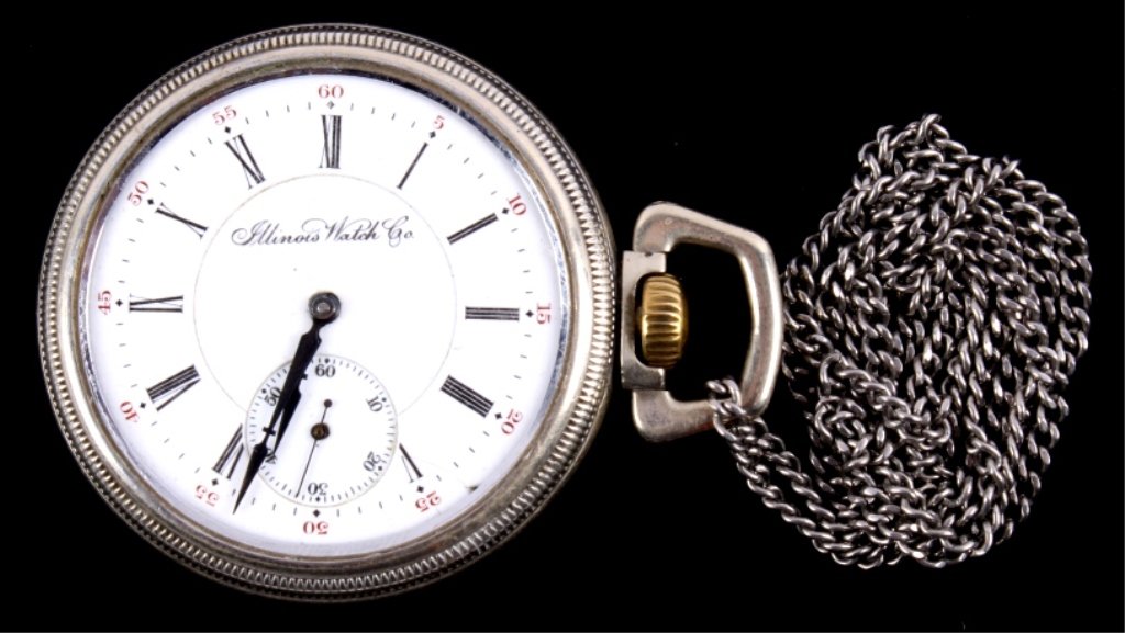 Illinois Watch Company Pocket Watch This lot featu: This lot features an Illinois Watch Company pocket watch. The watch appears to be on working condition, however, it is not able to set the time. Also, the glass is missing. The watch measures 2" in di