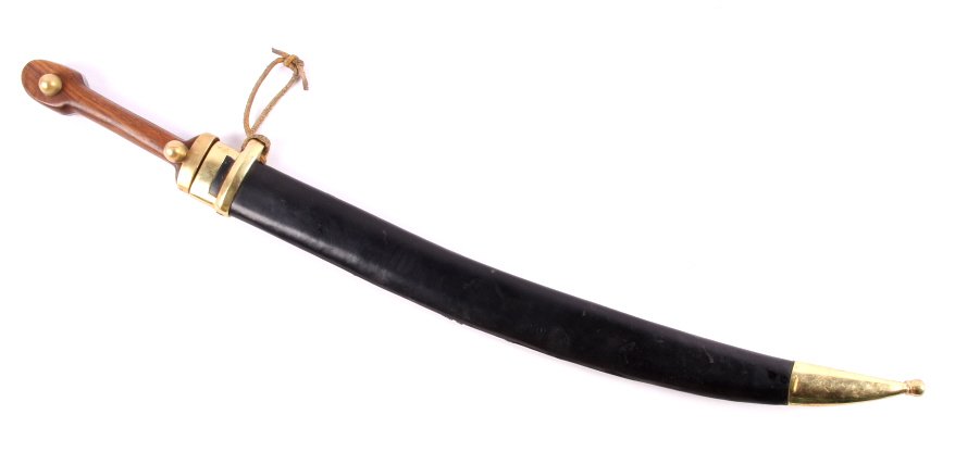 Double Sided Edge Curved Sword This is an original: This is an original double sided sword with a curved blade. The knife is in a leather like covered scabbard and brass hilt with wood handle. The sword has a sharp edge and is in solid good craftsmansh