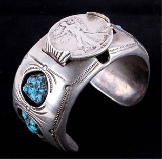 Navajo Silver & Turquoise Bracelet The bracelet sh: The bracelet shows sterling silver with unique turquoise stones and a 1944 Liberty Half Dollar in the center. This is from Colee a Navajo Native American Indian from the mid 1900's. The piece
