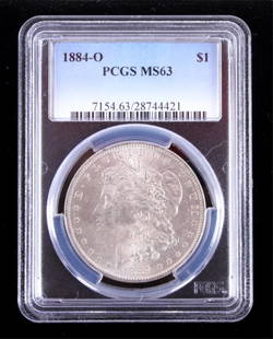 1884-O Morgan Silver Dollar PCGS MS63 This coins w: This coins was struck at the New Orleans Mint in 1884. The coin was graded and sealed by Professional Coin Grading Service and graded at Mint State 63 which means this is an uncirculated