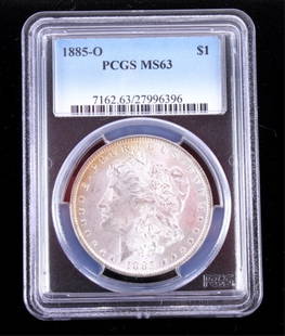 1885-O Morgan Silver Dollar PCGS MS63 This coins w: This coins was struck at the New Orleans Mint in 1885. The coin was graded and sealed by Professional Coin Grading Service and graded at Mint State 63 which means this is an uncirculated