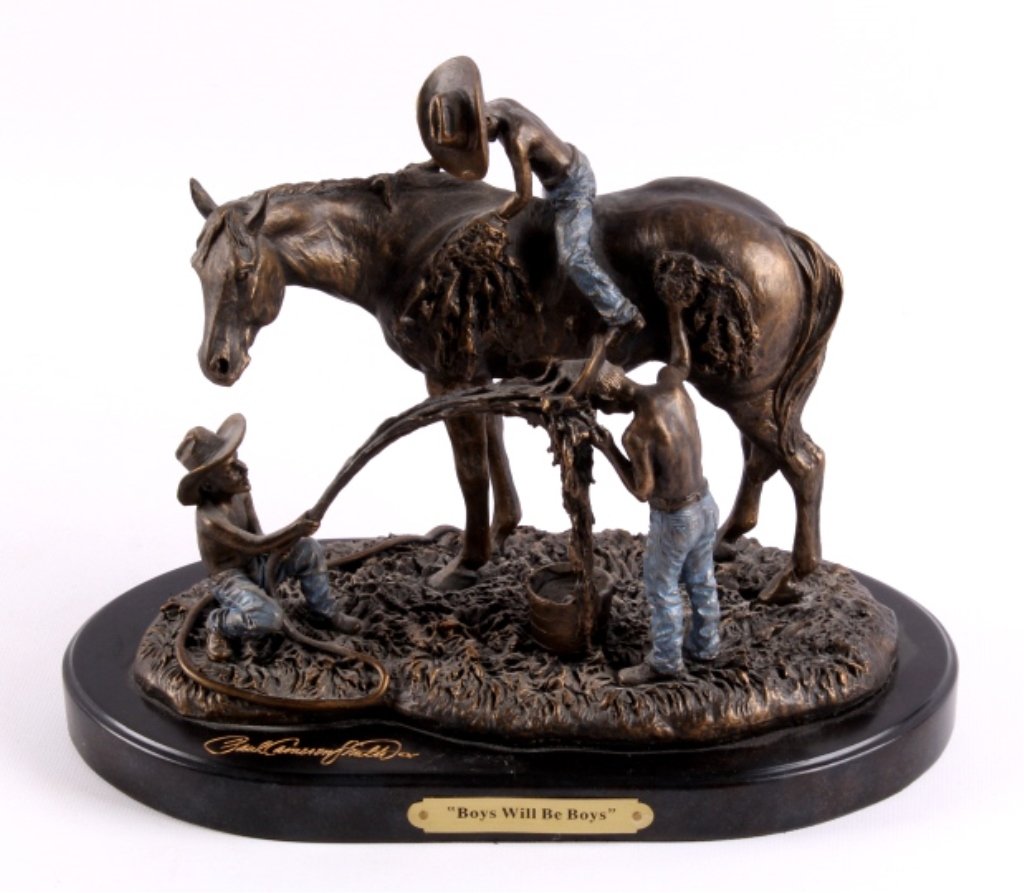 "BOYS WILL BE BOYS" Montana Silversmiths Sculpture: This lot features a resin cast bronze wash sculpture titled "BOYS WILL BE BOYS". This piece depicts three young boys bathing a horse. It is from the Paul Cameron Smith Collection. It was produced by M