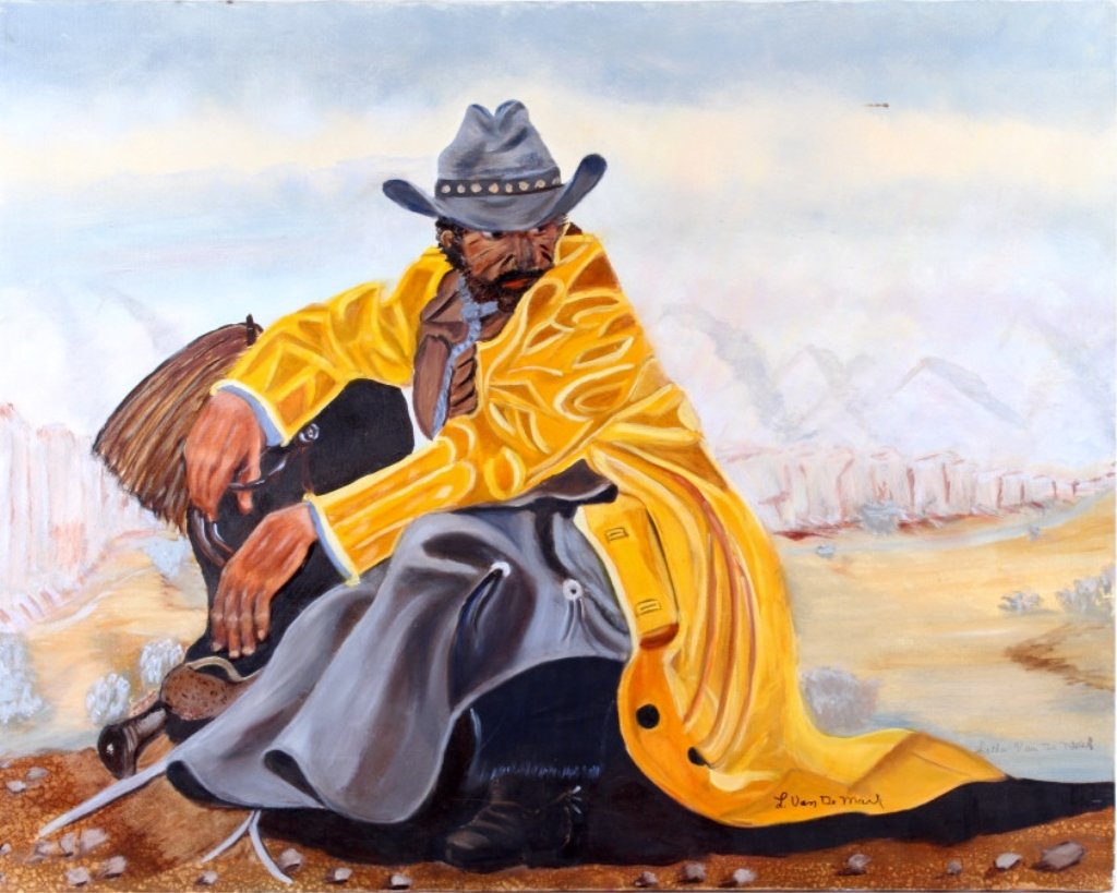 Yellow Slicker by Letha Van De Mark This is an ori: This is an original Montana work of art showing a cowboy in yellow slicks, as it is titled "Yellow Slicker." This piece is done on canvas and dated 1999 by L. Van De Mark. Measures 24"x30"