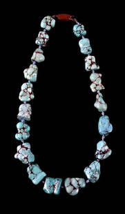 Chinese Turquoise Nugget Necklace The necklace sho: The necklace shows __ Chinese turquoise nugget stones. The necklace has a brass Chinese clasp and is a mid 20th century piece. China is known to produce the highest quantity of turquoise in