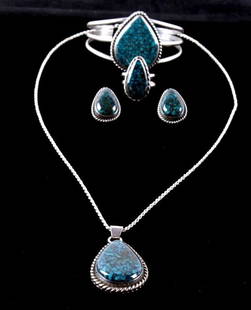 Navajo Lander Blue & Silver Jewelry Collection Thi: This is an old pawn jewelry collection from Navajo Native American Indian silversmith, Darrell Cadman. The collection is early and in excellent condition. Each piece is signed (showing a Ram
