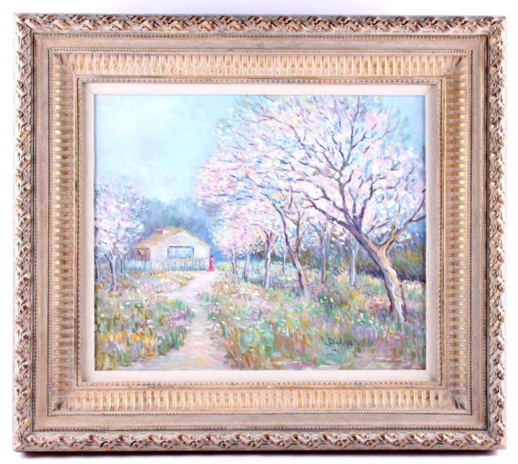 New England Blossoms by W. Philips This is an orig: This is an original work of art hand painted on canvas piece showing a beautiful New England scene with various Blossoming trees. The piece is by W. Philips, a rural Massachusetts artist who studied a