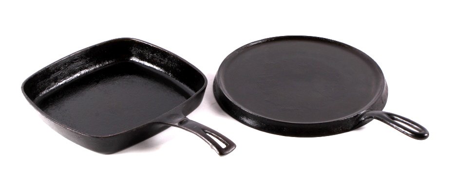 Wagner Ware Cast Iron Griddle and Skillet This lot: This lot includes a Wagner Ware cast iron griddle and skillet. The square skillet is marked "WAGNER WARE SIDNEY -O- SQUARE SKILLET 218". The skillet measures 9.5" x 9.5". The griddle is marked "SIDNEY