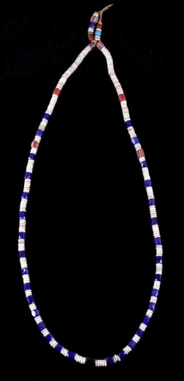 Russian Faceted, Pound, Hudson Bay, Trade Beads Th: This is an original Native American Indian trade bead necklace. The necklace shows a total of 269 beads strung on a hide strap. The beads include: Russian cobalt blue faceted beads, pound beads, Hudso