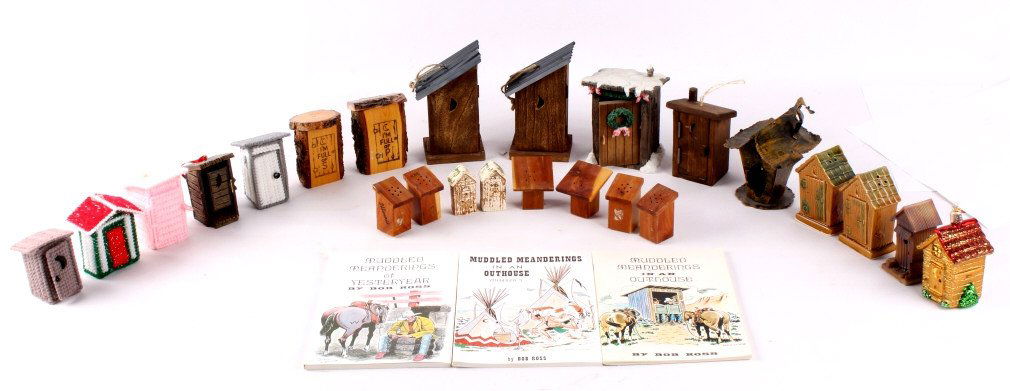 Miniature Outhouse Collection This lot includes nu: This lot includes numerous miniature outhouses as well as a series of three books "Muddled Meanderings in an Outhouse" written by Bob Ross. This collection has several salt and pepper shakers, ornamen
