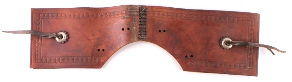Antique Montana Leather Saddle Bags This is a set: This is a set of hand worked and tooled heavy leather saddle bags from Montana. The antique set shows good condition and a metal concho. Measures 34.5"x6.5"