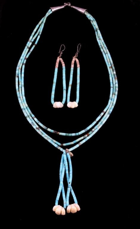 Navajo Turquoise Heishi Necklace & Earrings The lo: The lot shows a three strand turquoise heishi necklace with a matching set of earrings. The beads are all hand ground heishi beads with some mother of pearl and moonstone accents. The necklace has sil