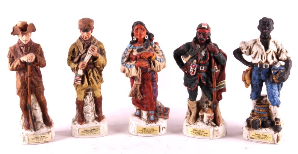 Lewis and Clark Whiskey Decanter Collection This l: This lot includes 5 Lewis and Clark whiskey decanter. These decanters were a limited edition set from the early 1970's. They were designed by artist Gary Schildt. Each of the decanters is in very good