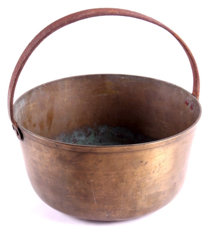 Antique Hudson Bay Fur Trade Era Brass Pot This lo: This lot features a Hudson Bay fur trade era brass pot. This pot is made from solid brass. It has a forged iron handle with copper rivets. The pot is not marked. It does show great patina and is in ve