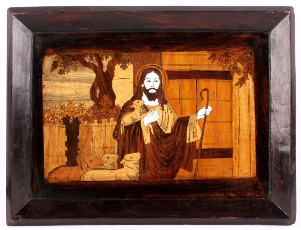 Antique Inlaid Religious Artwork The lot shows an: The lot shows an original work of art showing a portrait of Jesus Christ with lambs made of inlaid carved wood. The art work shows excellent quality and skill using multiple types of wood and a bright