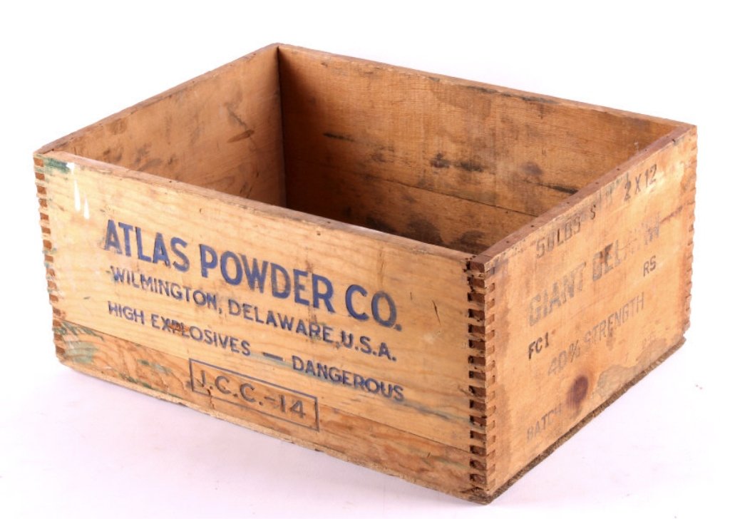 Atlas Powder Co. Wooden Box This lot features an A: This lot features an Atlas Powder Co. wooden box. This box was used for storage and transport of high explosives, possibly dynamite. The box is in great condition. It measures 13" x 17.5" and is 7" ta