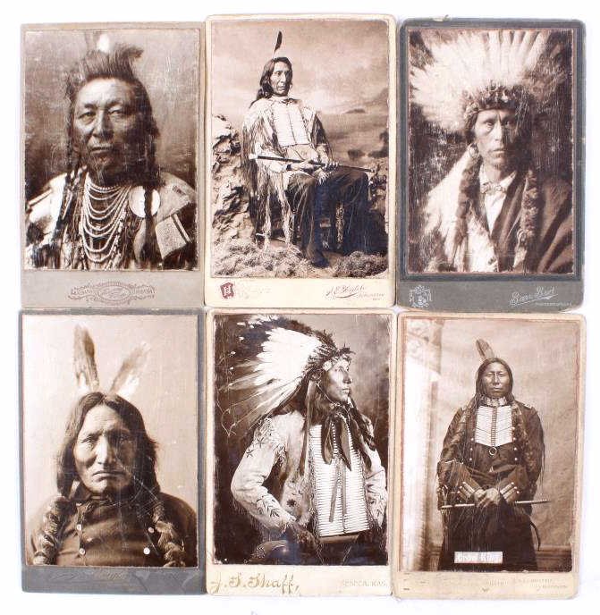 Native American Indian Antique Cabinet Cards The l: The lot features five Cabinet Cards featuring portraits of Native American Indians. These include: Red Horse (Weigle Monroe, Wis), Crow King (Wellington Kansas), Keiks Iron Dakota (J.S. Shaff Seneca,