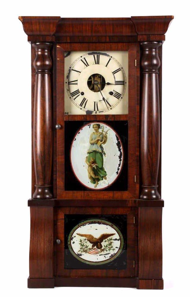 Early Seth Thomas Eight-Day Weight Shelf Clock Thi: This is an original Seth Thomas Thomaston, Conn. Eight-Day Weight Clock. The piece shows a pillar and sleight front design with two doors. The doors are hand painted showing wonderful early Americana