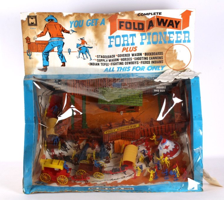 Fold A Way Fort Pioneer Multiple Toy Display 3006: This is a store display Multiple Toy Makers Fort Pioneer Fold A Way No. 3006 set. This includes Cowboy & Indian toys, stagecoaches, horses, wagons, shooting canons, Indian tepee, and more. The piece h