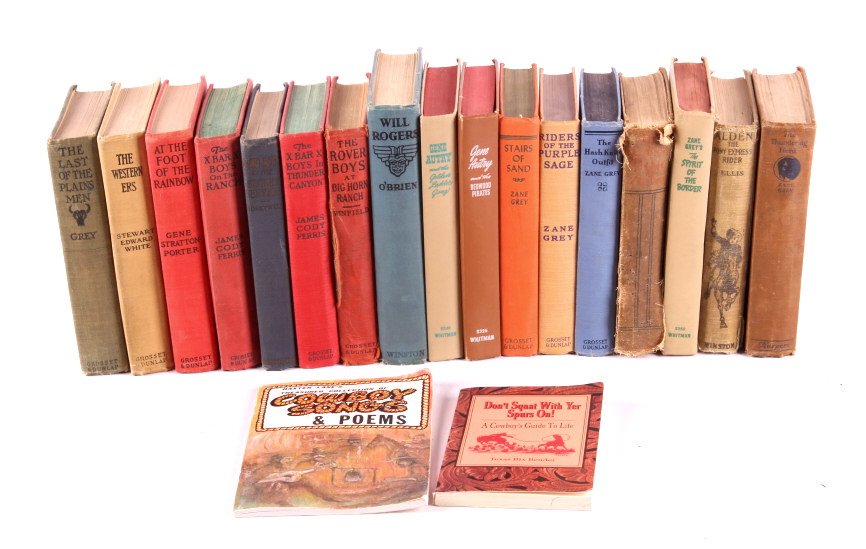 Western Book Collection This is a collection of 19: This is a collection of 19 western books. All but 2 of the books are hard cover. This collection features authors such as Zane Grey, James Cody Ferris, and Stewart Edward White and others. All the boo