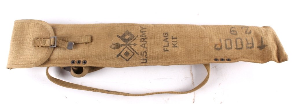 WWII US Army Flag Semaphore Kit This is an origina: This is an original World War II United States Army Semaphore Flag Kit. The complete set is rare to find and comes with the canvas bag, brass flag pole, extension and flag.