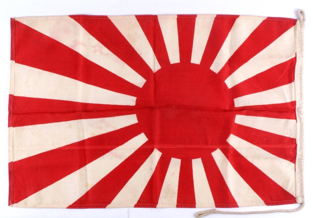 WWII Japanese Naval Combat Flag "Rising Sun" This: This is a World War II Japanese Naval Combat Flag showing the "Rising Sun". This piece was recovered from a Japanese soldier by M/Sgt Gordon E. Leinen of the 163rd Montana Infantry. The flag shows ove
